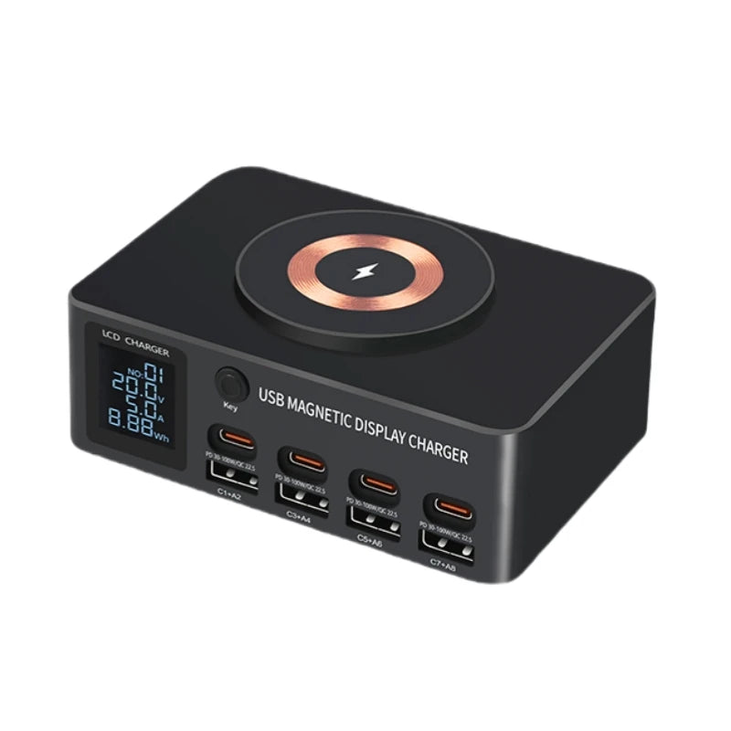 Multifunction Chargers High Power 140W 8-Ports Multiple USB Type C Charger Mobile Phone Charging Station with Magnetic Wireless