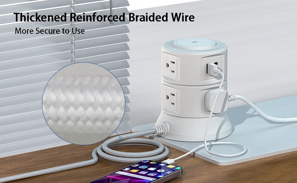 Power Strip Surge Protector Outlets Extender with Wireless Charger 6 Outlets 4 USB Tower Power Strip Flat Plug for Home/Office