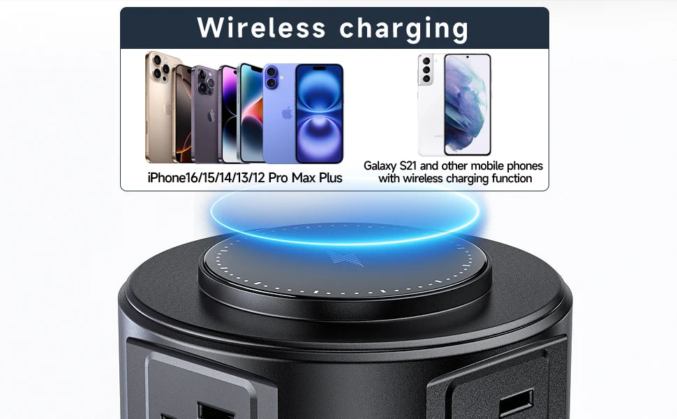 Power Strip Surge Protector Outlets Extender with Wireless Charger 6 Outlets 4 USB Tower Power Strip Flat Plug for Home/Office