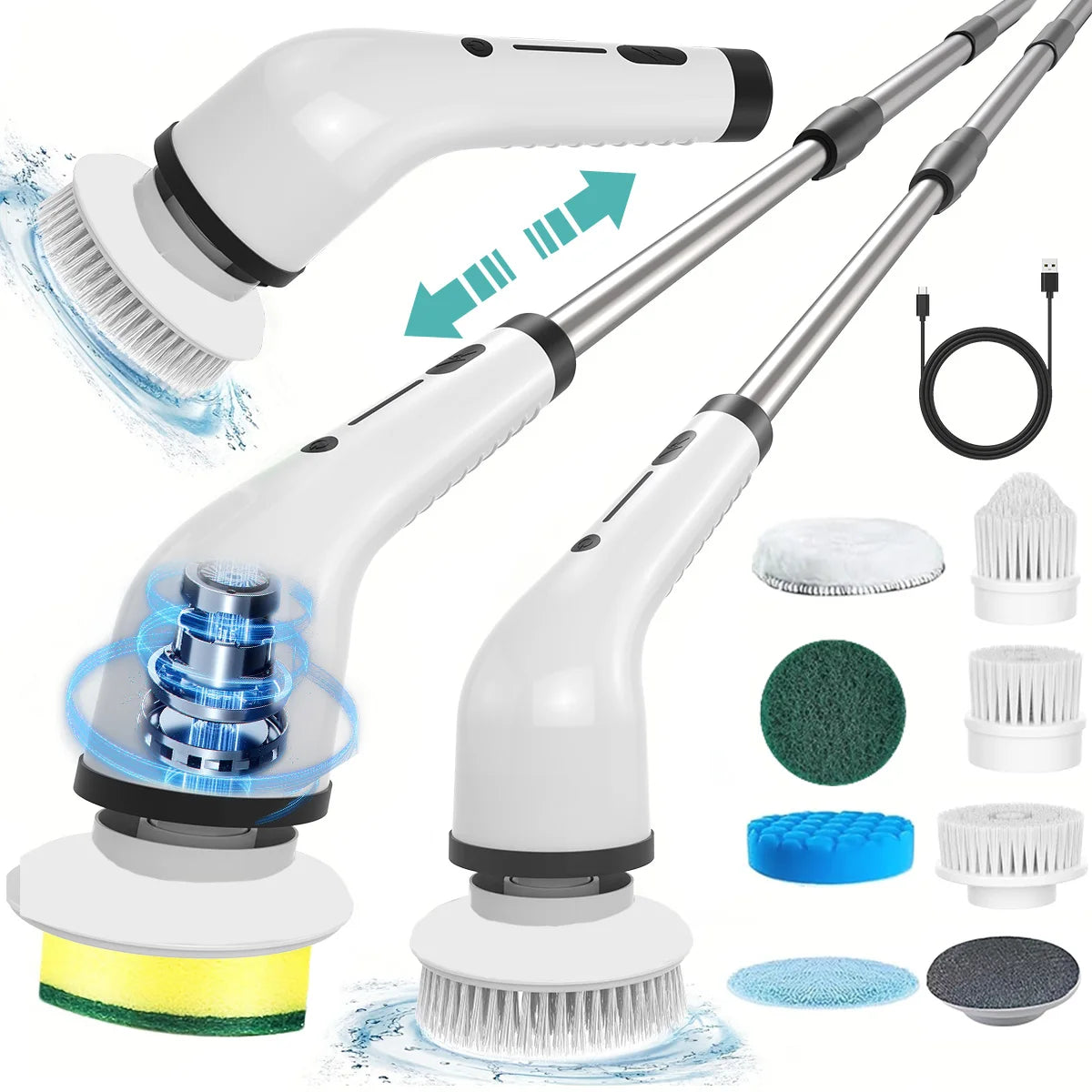 8-in-1 Long Handled Retractable Electric Mop Scrubber Cordless Electric Cleaning Brush for Kitchen & Car Plastic Spin Scrubber
