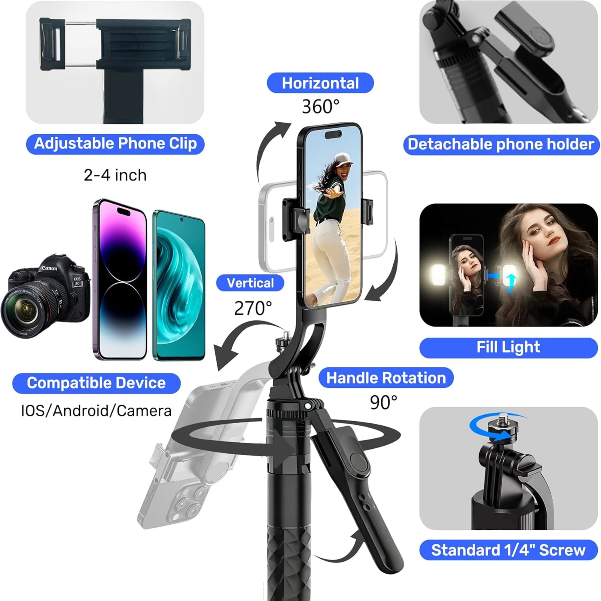1.7m Selfie Stick Tripod Extendable Wireless Bluetooth-Compatible Remote Portable Smartphone Stand Mount for IOS Android Phone