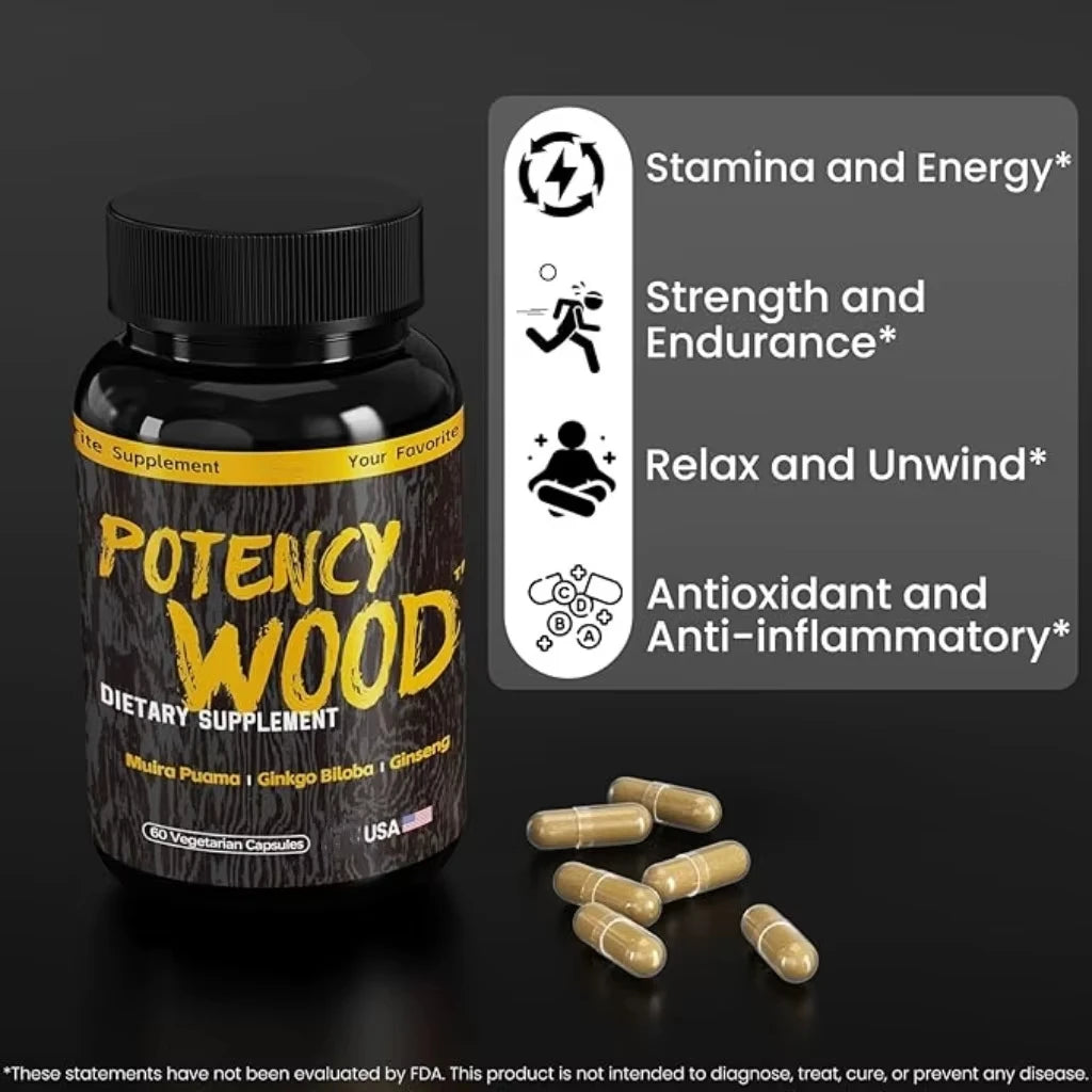 Potency Wood Capsules with Muira Puama Ginkgo Biloba Ashwagandha and Ginseng Premium Ingredients OEM ODM Bulk Supply