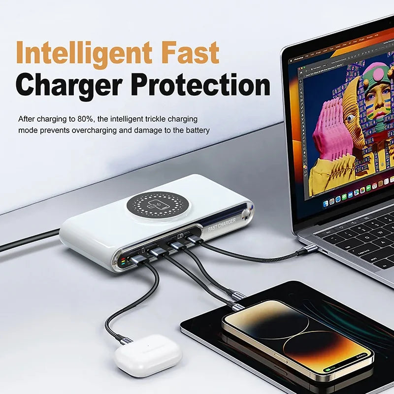 72W Multiport Charger 45W USB Desktop Charger with 2 PD QC3.0 15W Wireless Charger 30W Multifunctional Charging Adapter
