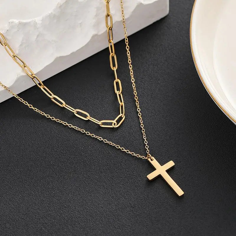 Elegant Chic Stylish Luxury Hypoallergenic Stainless Steel Multi-Layer Cross Necklace for Women Ladies Holiday Jewelry Gift