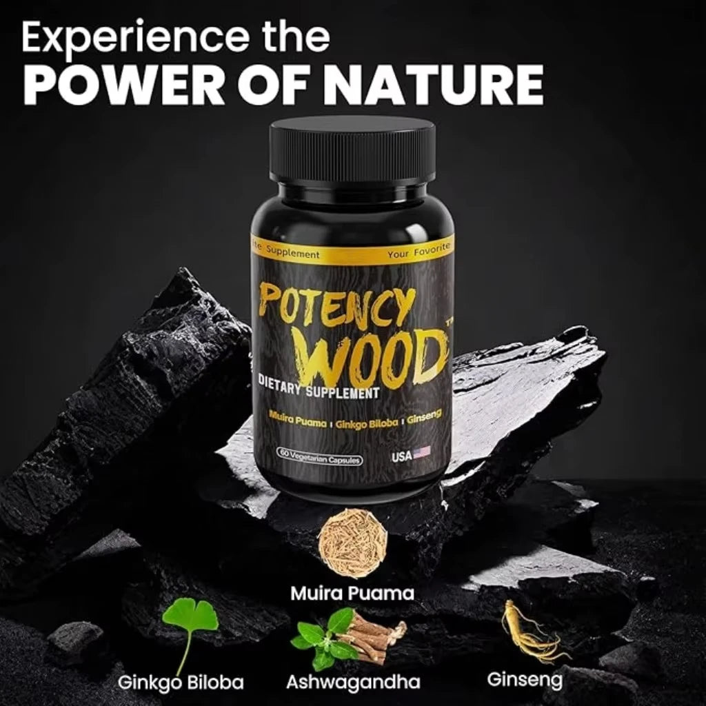 Potency Wood Capsules with Muira Puama Ginkgo Biloba Ashwagandha and Ginseng Premium Ingredients OEM ODM Bulk Supply