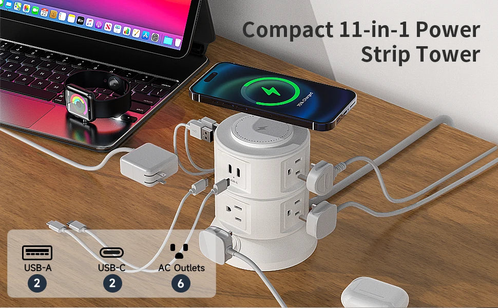 Power Strip Surge Protector Outlets Extender with Wireless Charger 6 Outlets 4 USB Tower Power Strip Flat Plug for Home/Office