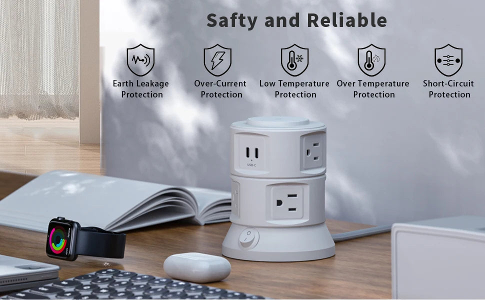 Power Strip Surge Protector Outlets Extender with Wireless Charger 6 Outlets 4 USB Tower Power Strip Flat Plug for Home/Office