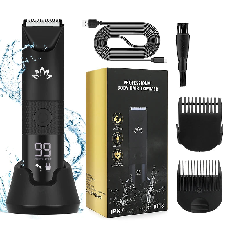 IRUIBEAUTY 600mAh LCD Waterproof Rechargeable Electric Body Hair Trimmer with LED Light & Charging Dock All-Over Grooming