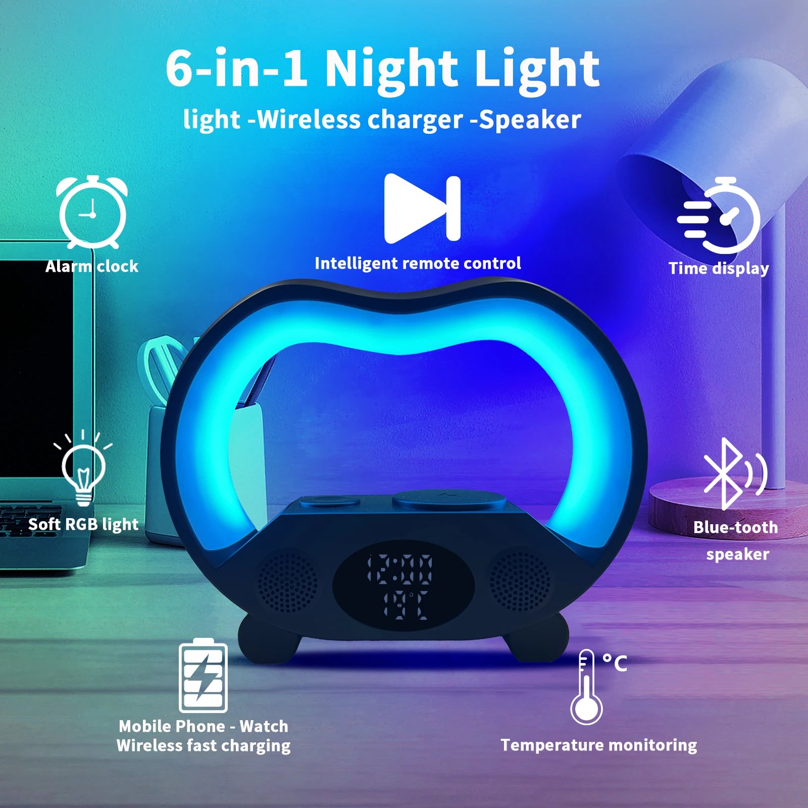 New Wireless Fast Charger for Bluetooth RGB Speaker Smart Alarm Clock Sound Light Desk/Table Lamp Perfect Gift for Kids Adults 1