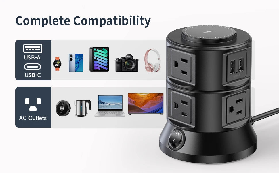Power Strip Surge Protector Outlets Extender with Wireless Charger 6 Outlets 4 USB Tower Power Strip Flat Plug for Home/Office