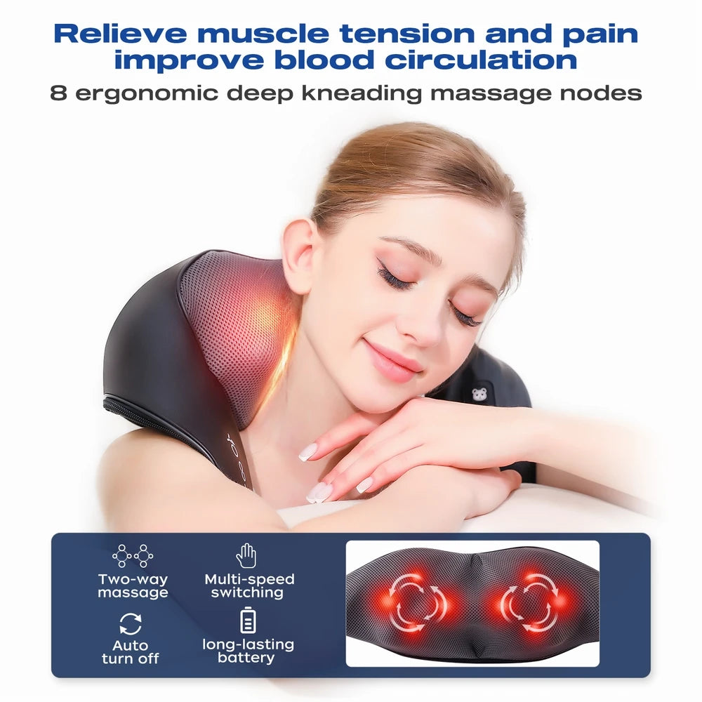 Cordless Shiatsu Neck and Shoulder Massager Electric Deep Tissue Kneading Neck and Shoulder Massage for Muscle Pain Relief