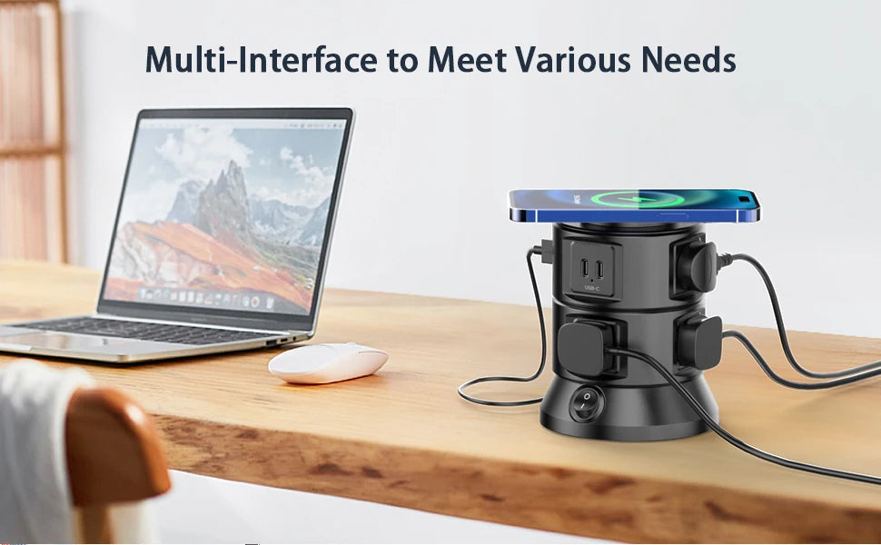 Power Strip Surge Protector Outlets Extender with Wireless Charger 6 Outlets 4 USB Tower Power Strip Flat Plug for Home/Office