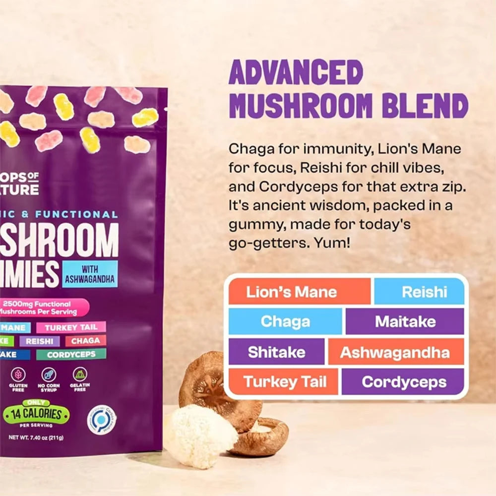 Mushroom Gummies with Ashwagandha Cordyceps Lions Mane and Reishi Premium Quality Natural Blend OEM ODM Wholesale Supply