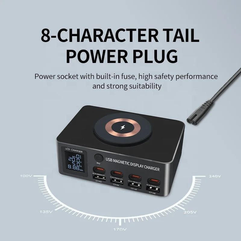 Multifunction Chargers High Power 140W 8-Ports Multiple USB Type C Charger Mobile Phone Charging Station with Magnetic Wireless