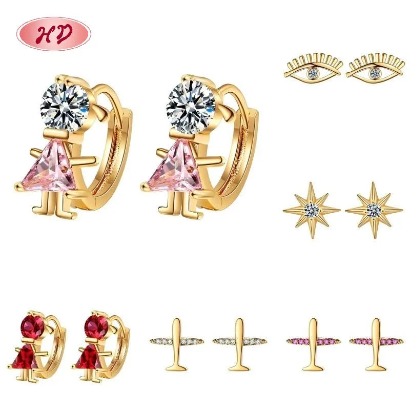 Hengdian 18K Gold-Plated Cute Animal Huggie Earrings Set with Zircon Trendy Women's Anniversary Gift Jewelry Brass 1MOQ