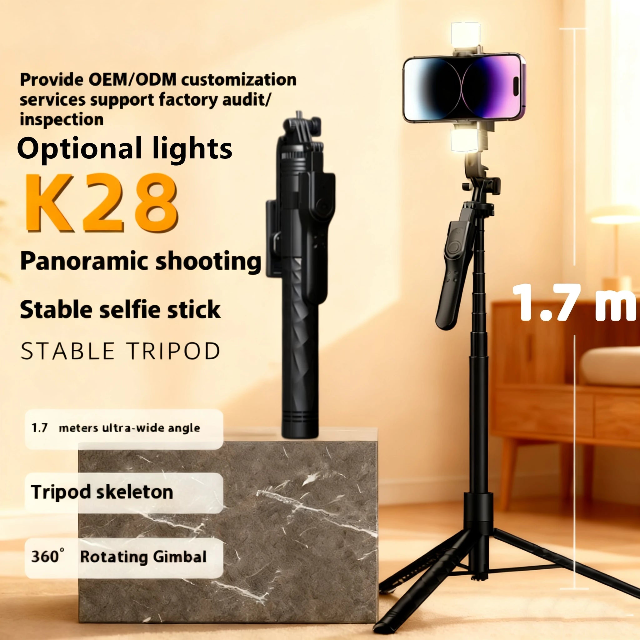 1.7m Selfie Stick Tripod Extendable Wireless Bluetooth-Compatible Remote Portable Smartphone Stand Mount for IOS Android Phone