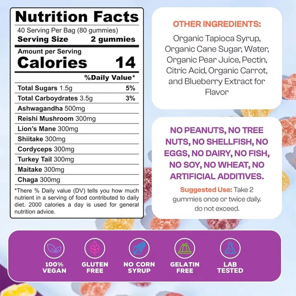 Mushroom Gummies with Ashwagandha Cordyceps Lions Mane and Reishi Premium Quality Natural Blend OEM ODM Wholesale Supply