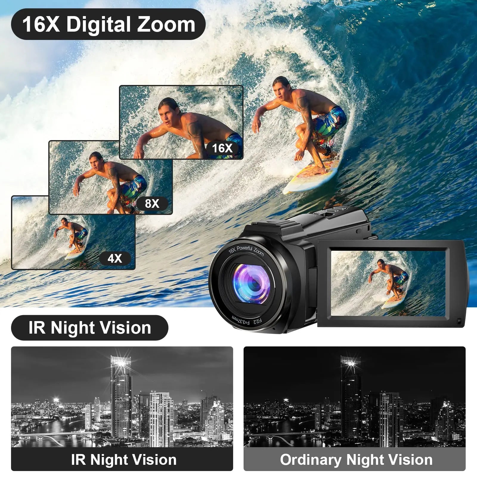 5K 30FPS Video Camera with 16x Digital Zoom 48MP UHD WiFi IR Night Vision 3.0 Inch Rotatable Touch Screen 6-Axis Stabilization