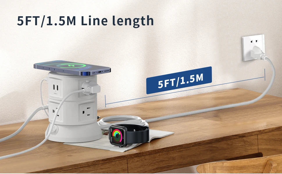 Power Strip Surge Protector Outlets Extender with Wireless Charger 6 Outlets 4 USB Tower Power Strip Flat Plug for Home/Office