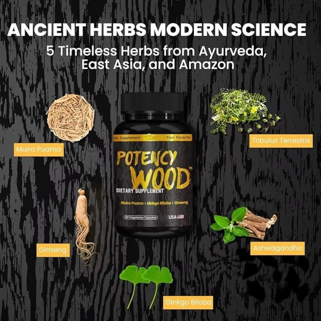 Potency Wood Capsules with Muira Puama Ginkgo Biloba Ashwagandha and Ginseng Premium Ingredients OEM ODM Bulk Supply