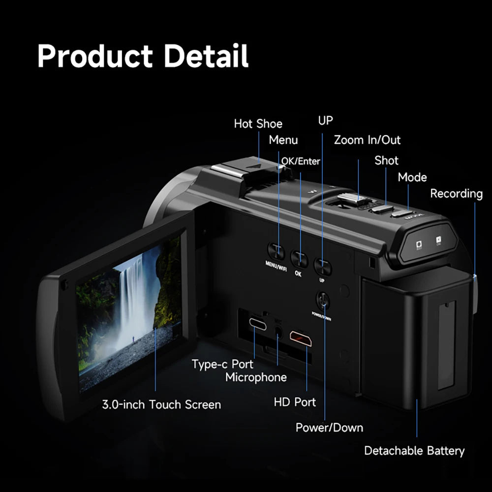 5K 30FPS Video Camera with 16x Digital Zoom 48MP UHD WiFi IR Night Vision 3.0 Inch Rotatable Touch Screen 6-Axis Stabilization