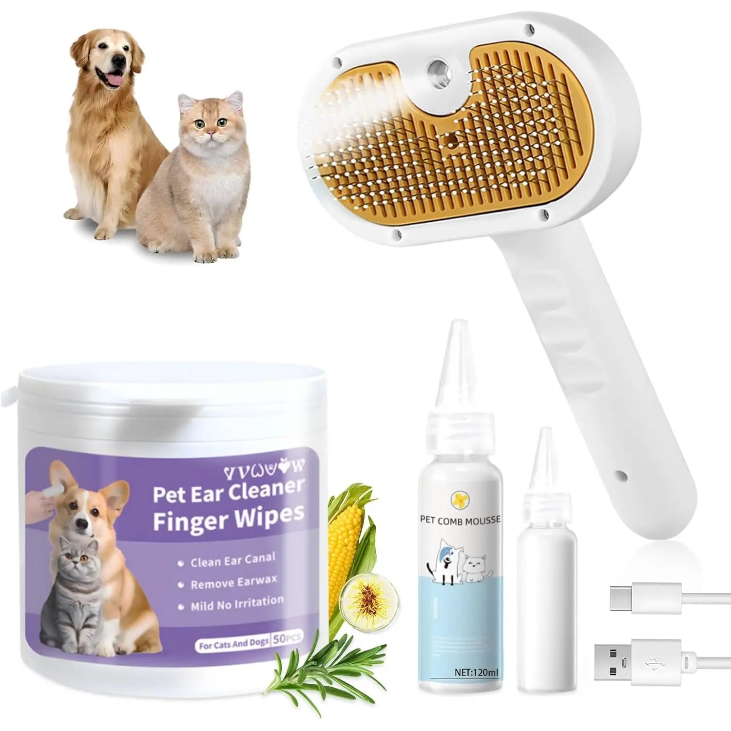 3-in-1 Custom Size Pet Steam Brush and Spray Hair Removal Comb for Dogs and Cats Effective Shedding Tool