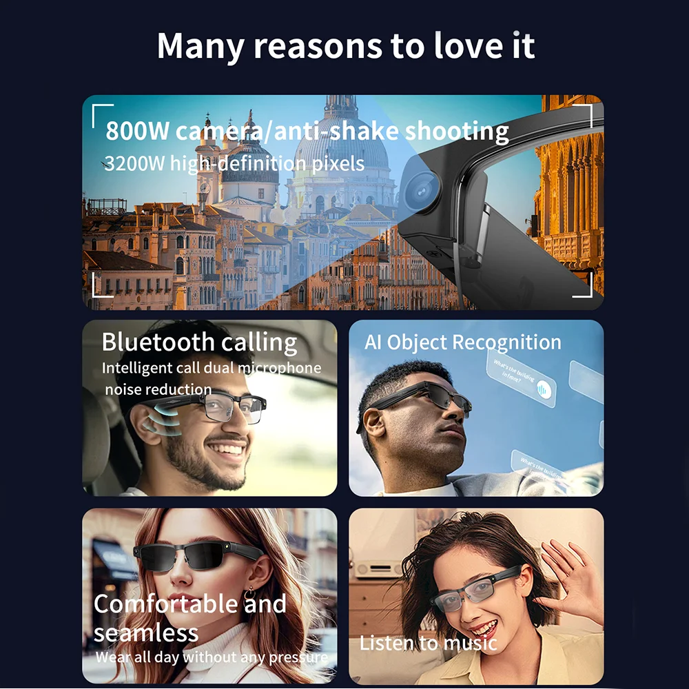 SENBONO Smart Glasses Translator L802 Recognition 8MP Video/Audio Recording Smartglasses with Camera Wifi AI Translation