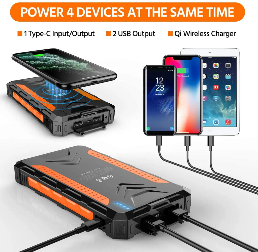 Custom Outdoor Camping Portable Mini Wireless Solar Mobile Phone Charger Waterproof 20000Mah Super Fast Charging Power Bank