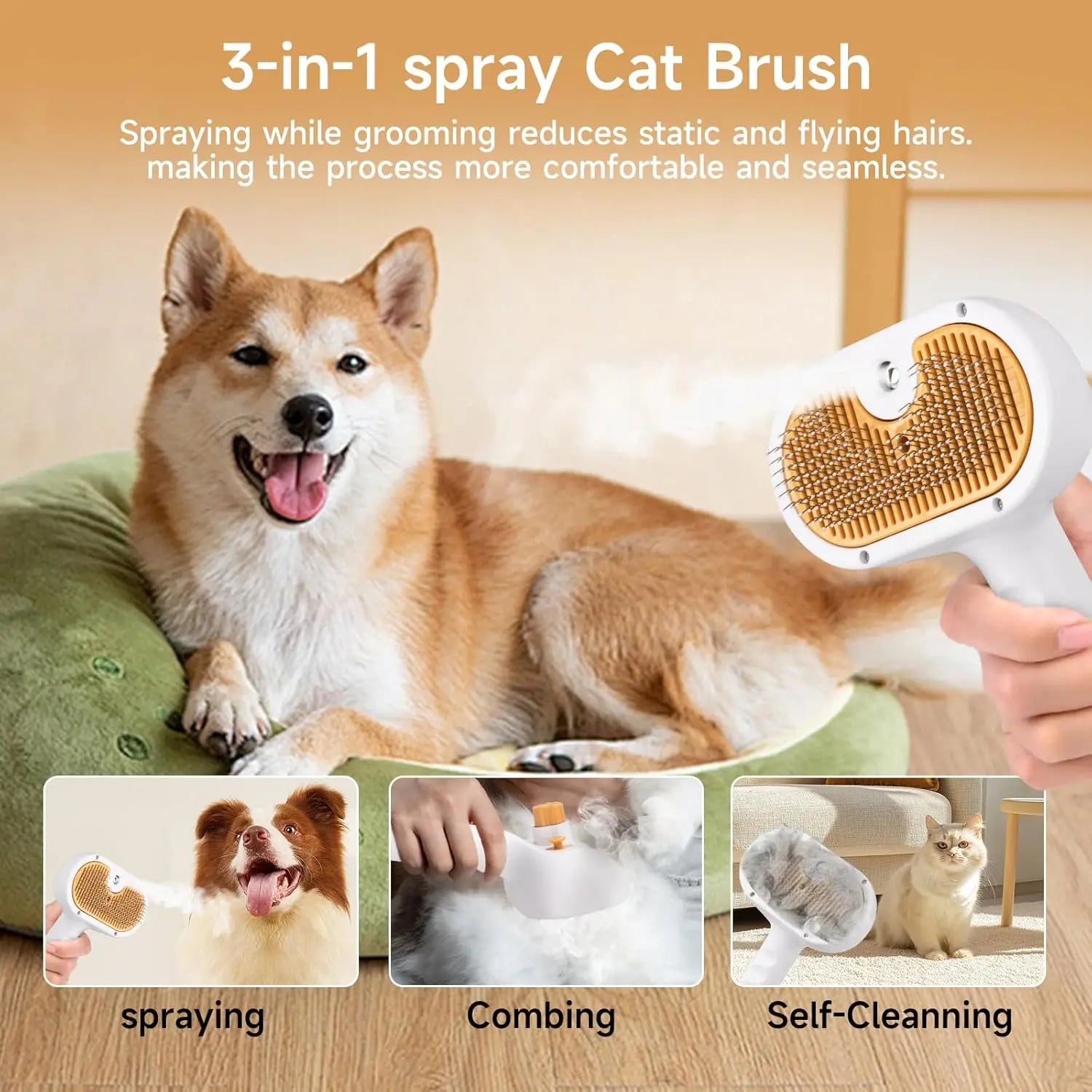3-in-1 Custom Size Pet Steam Brush and Spray Hair Removal Comb for Dogs and Cats Effective Shedding Tool