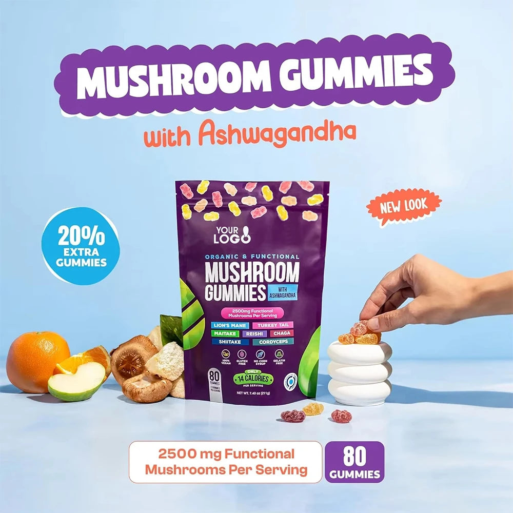 Mushroom Gummies with Ashwagandha Cordyceps Lions Mane and Reishi Premium Quality Natural Blend OEM ODM Wholesale Supply