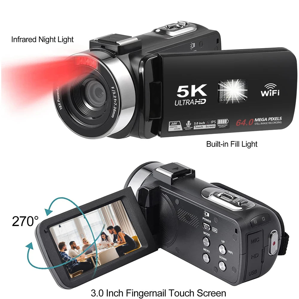 5K 30FPS Video Camera with 16x Digital Zoom 48MP UHD WiFi IR Night Vision 3.0 Inch Rotatable Touch Screen 6-Axis Stabilization
