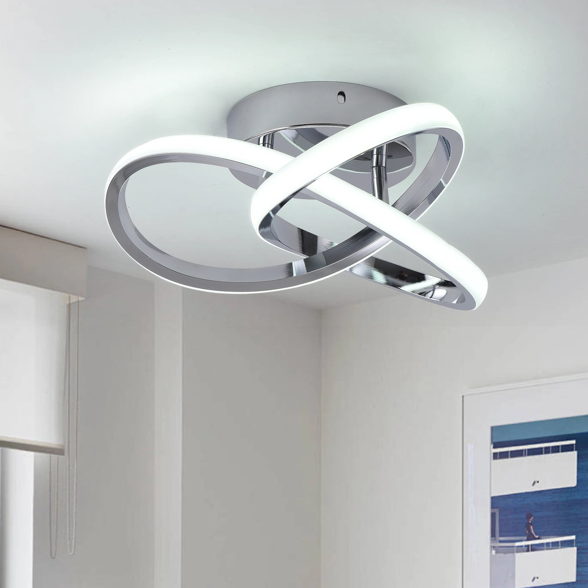 20W LED Ceiling Light, Chrome Semi Flush Mount Fixture, 6000K Cool White Lighting for Hallway, Kitchen, Bedroom, Bathroom