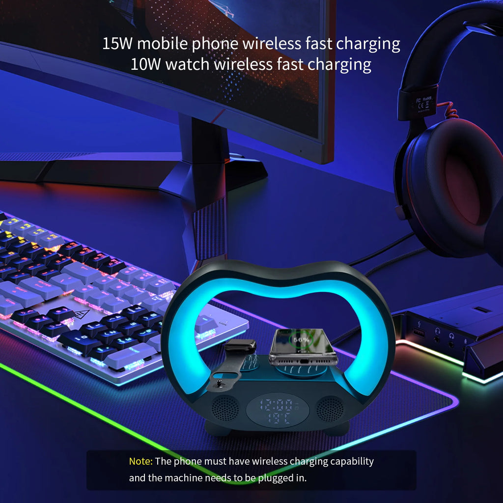 Wireless Charger LED Alarm Clock with RGB Night Light 5W to 10W Integrated Lamp and Speaker