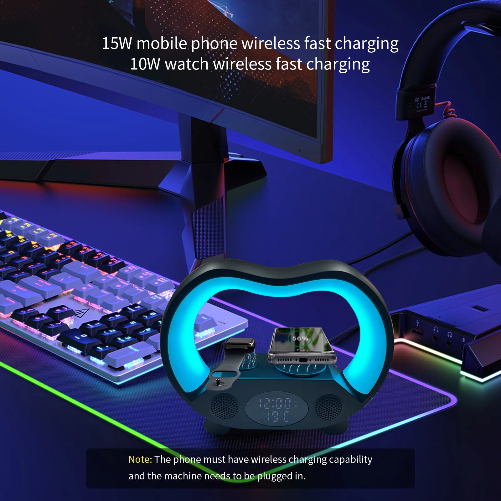 Wireless Charger LED Alarm Clock with RGB Night Light 5W to 10W Integrated Lamp and Speaker