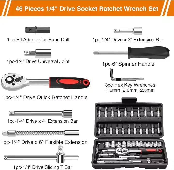 Professional Racing Grade Box Set 46pcs Standard Sockets Car Bicycle Motorcycle Repair Ratchet Wrench Quick Hand OEM