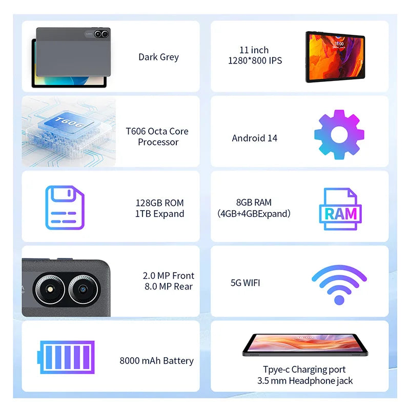 11 Inch 5g Wifi Tablet With 8gb Ram And 128gb Rom Android 14 Octa Core Professional New Higher Android 14 Used With Keyboard