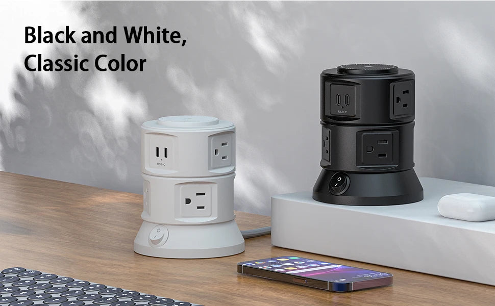 Power Strip Surge Protector Outlets Extender with Wireless Charger 6 Outlets 4 USB Tower Power Strip Flat Plug for Home/Office