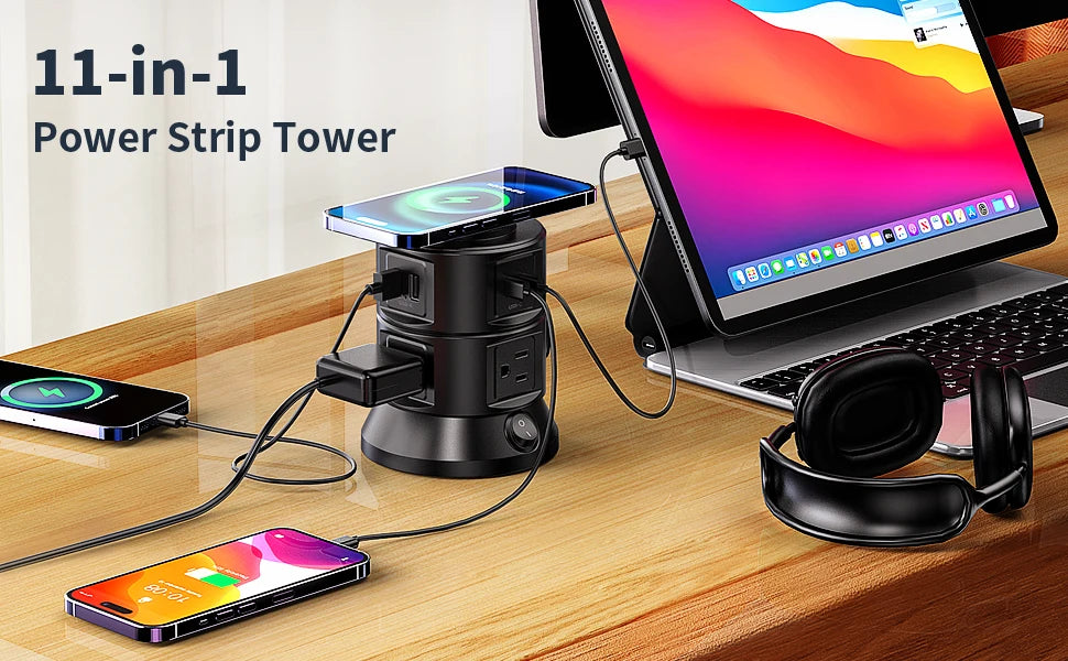 Power Strip Surge Protector Outlets Extender with Wireless Charger 6 Outlets 4 USB Tower Power Strip Flat Plug for Home/Office