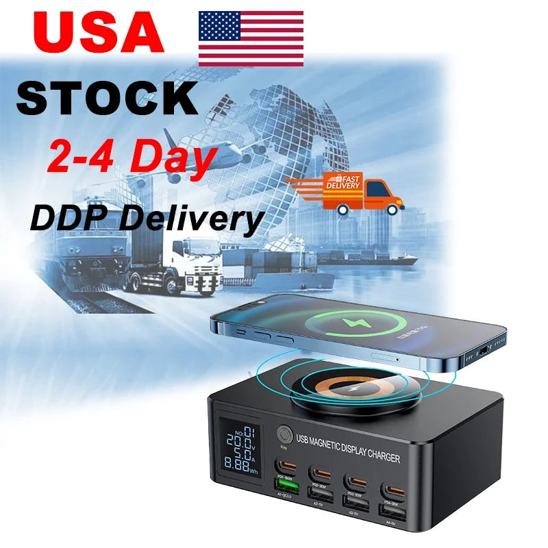 Multifunction Chargers High Power 140W 8-Ports Multiple USB Type C Charger Mobile Phone Charging Station with Magnetic Wireless