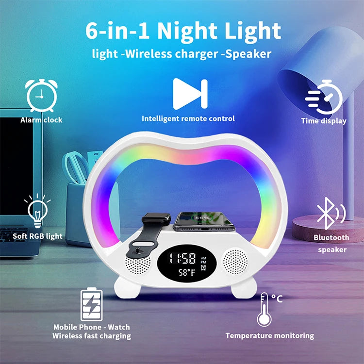 Wireless Charger LED Alarm Clock with RGB Night Light 5W to 10W Integrated Lamp and Speaker