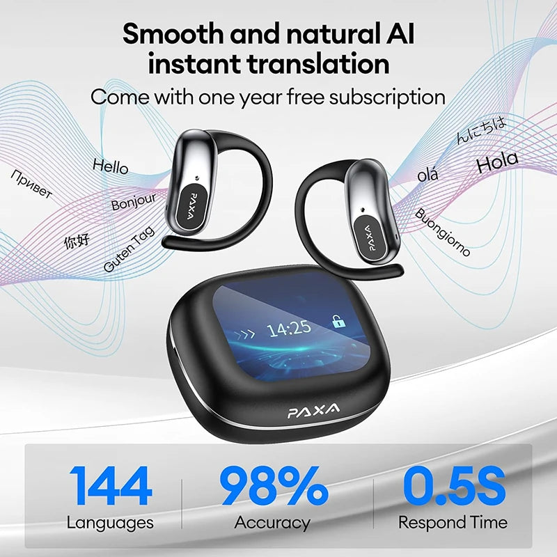 PAXA OpenAirUltra AI Translation Real Time 3-in-1 Translator Earbuds 145 Languages & Accents Bluetooth 5.4 Translating Earphones
