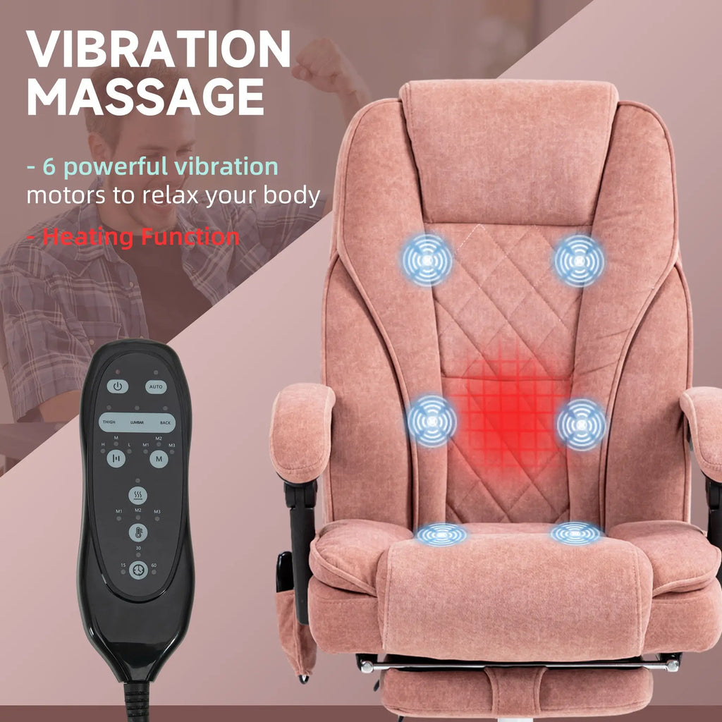 Adjustable Height and Back Pink Massage Desk Chair with 6-Point Vibrating and Heating Functions Plus Footrest