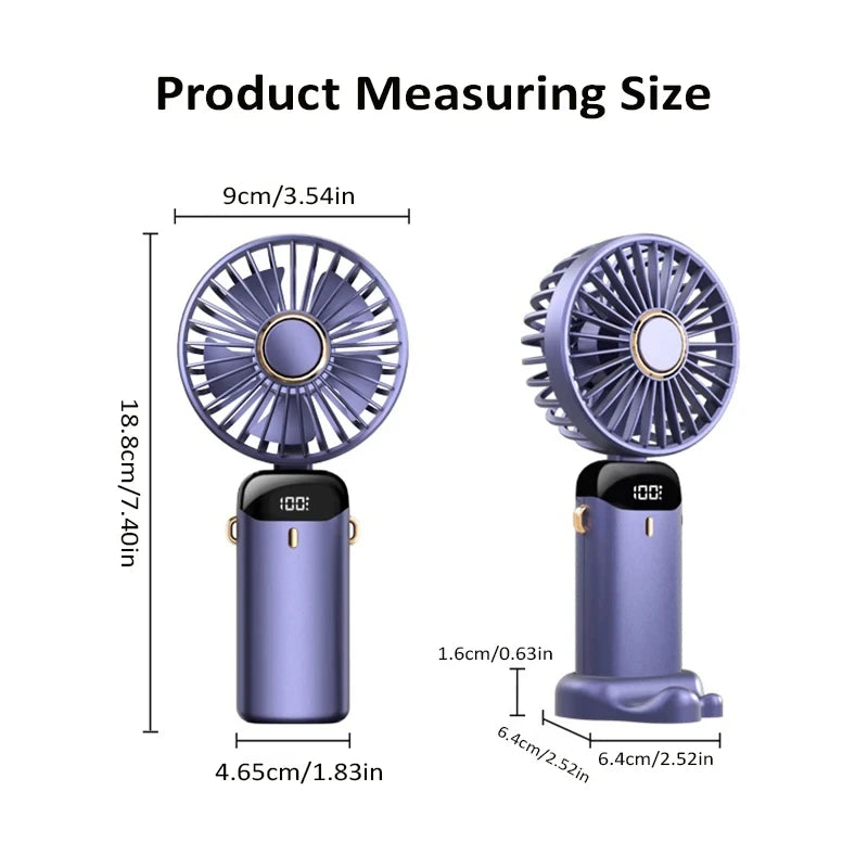 3000mAh Handheld Mini Fan Foldable Portable Neck Hanging Fans 5 Speed USB Rechargeable Fan with Phone Stand and Display Screen