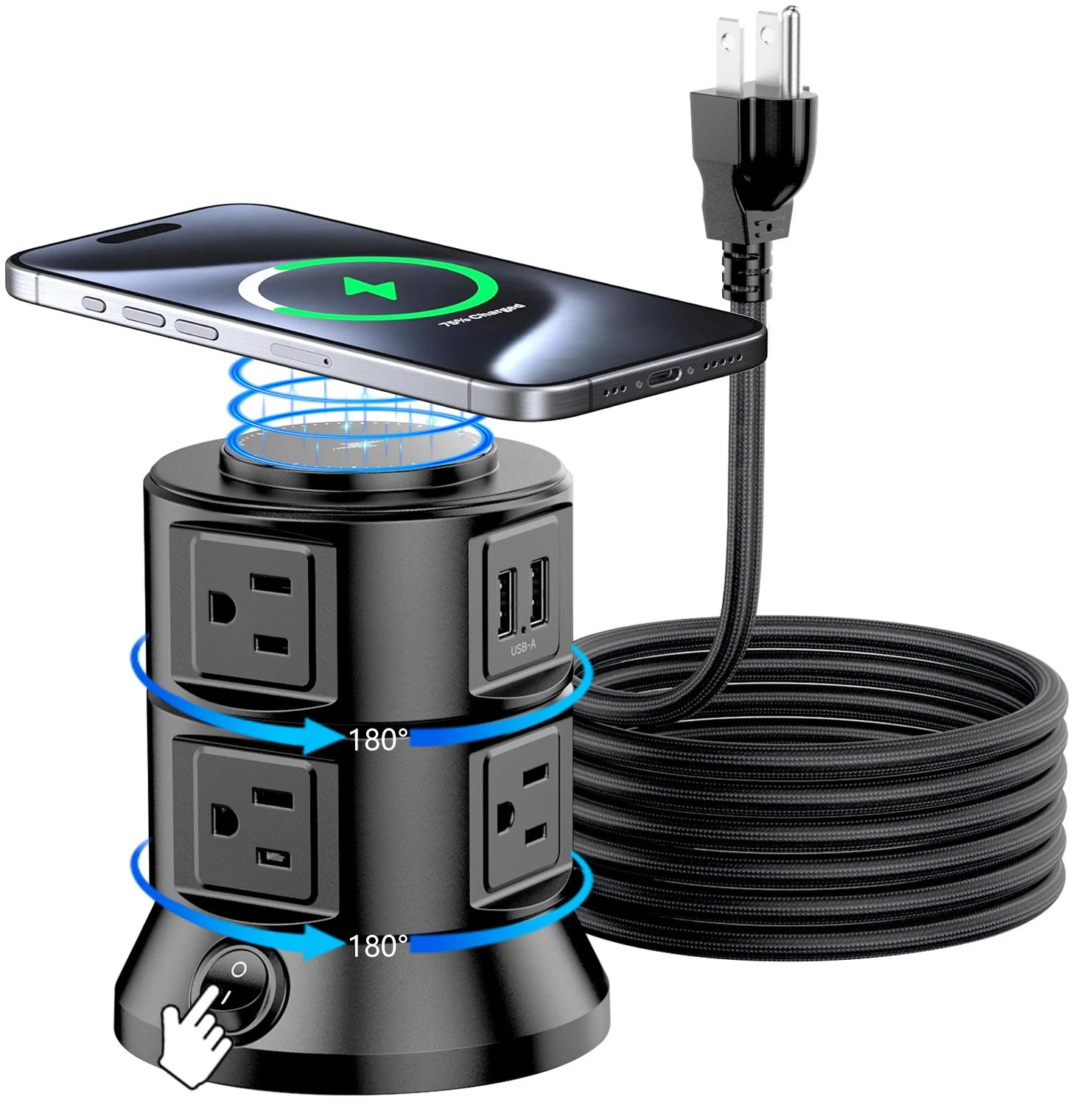 USB Power Strip Tower with Wireless Charger, Flat Plug Surge Protector with 6FT Extension Cord, 6 AC Multiple Outlets 4 USB Port