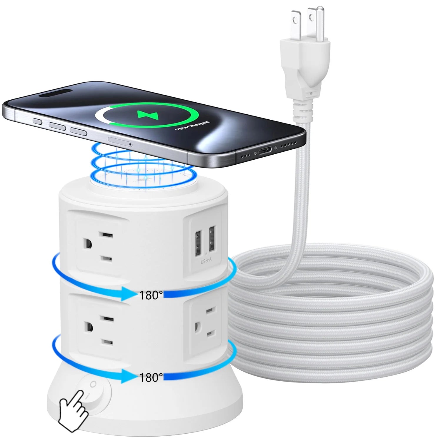 USB Power Strip Tower with Wireless Charger, Flat Plug Surge Protector with 6FT Extension Cord, 6 AC Multiple Outlets 4 USB Port