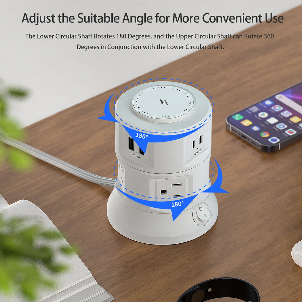 Power Strip Surge Protector Outlets Extender with Wireless Charger 6 Outlets 4 USB Tower Power Strip Flat Plug for Home/Office