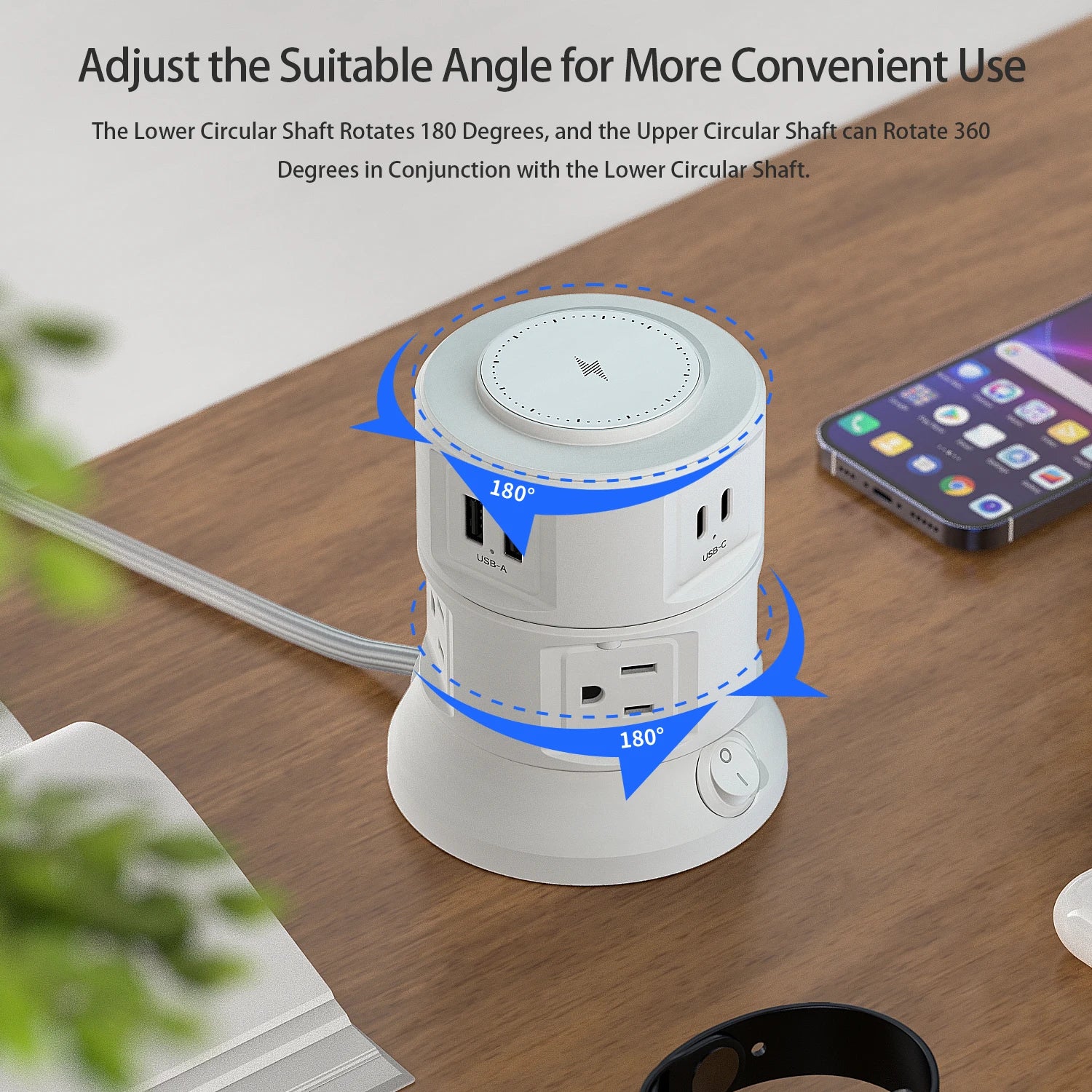 Power Strip Surge Protector Outlets Extender with Wireless Charger 6 Outlets 4 USB Tower Power Strip Flat Plug for Home/Office