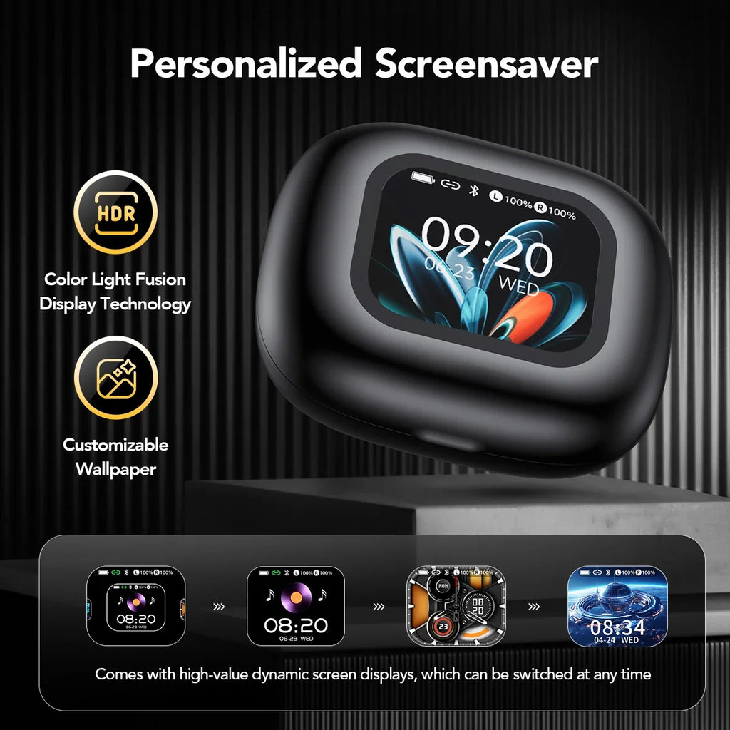 HTC NE27 Wireless Headphones AI Translator Earbuds OWS Sports Bluetooth Earphones Glowing Earhook Customizable Wallpaper Screen