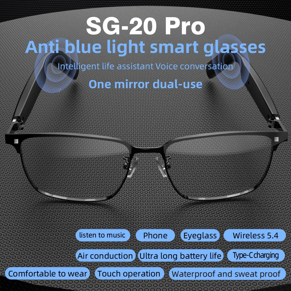 SG-20 Pro TWS 2-in-1 Smart Bluetooth Glasses - Convertible Sunglasses & Clear Lenses, Wireless Audio, Touch Control
