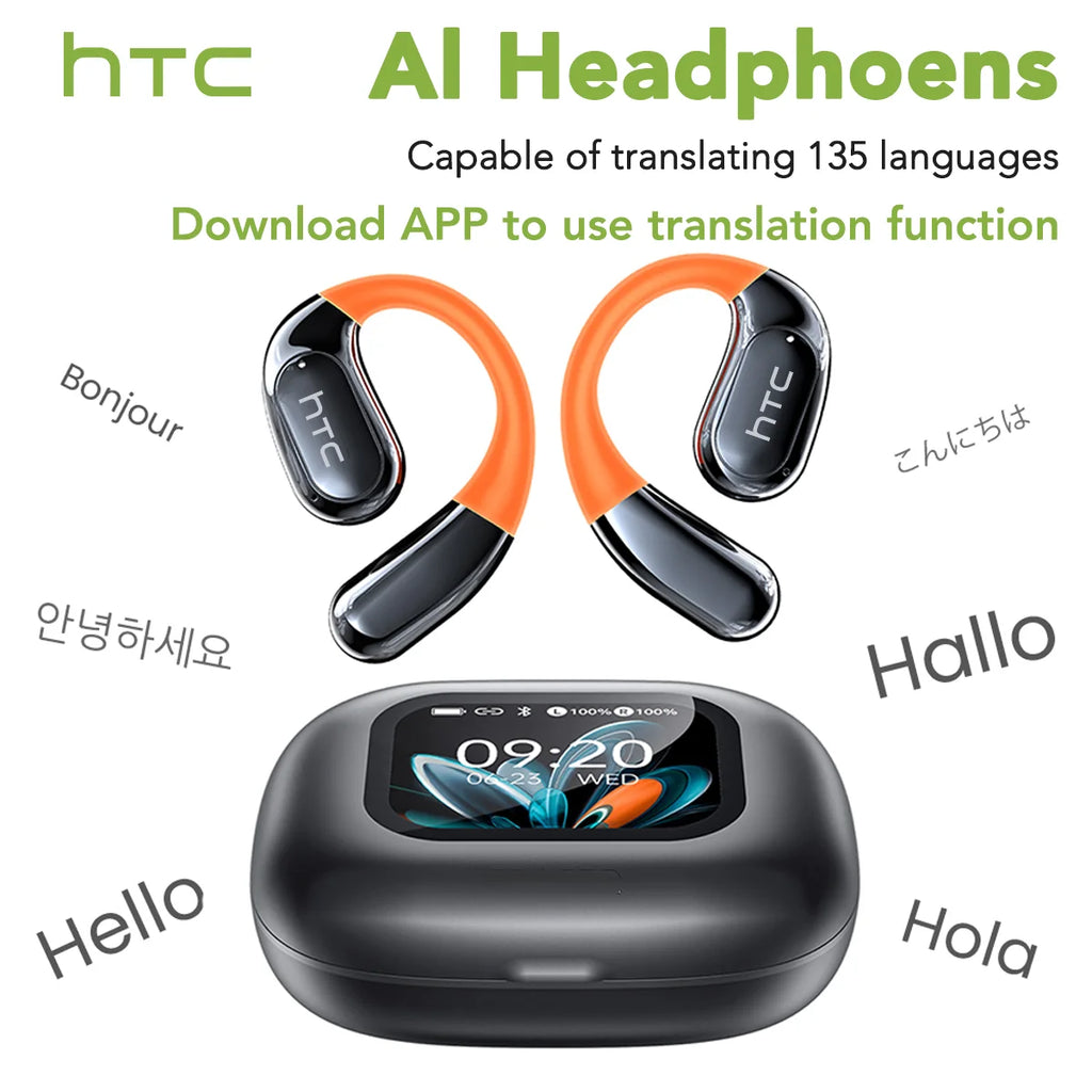 HTC NE27 Wireless Headphones AI Translator Earbuds OWS Sports Bluetooth Earphones Glowing Earhook Customizable Wallpaper Screen